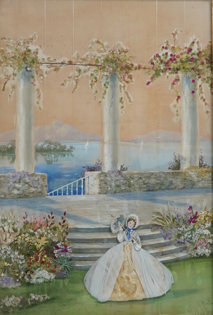 A mid 20th century, appliqué on silk 19th century lady walking in a classical garden by lake (possibly Italy), together with a silk embroidery “virtue and plenty are the off spring of temperance”, appliqué 38.5cm x 57cm.